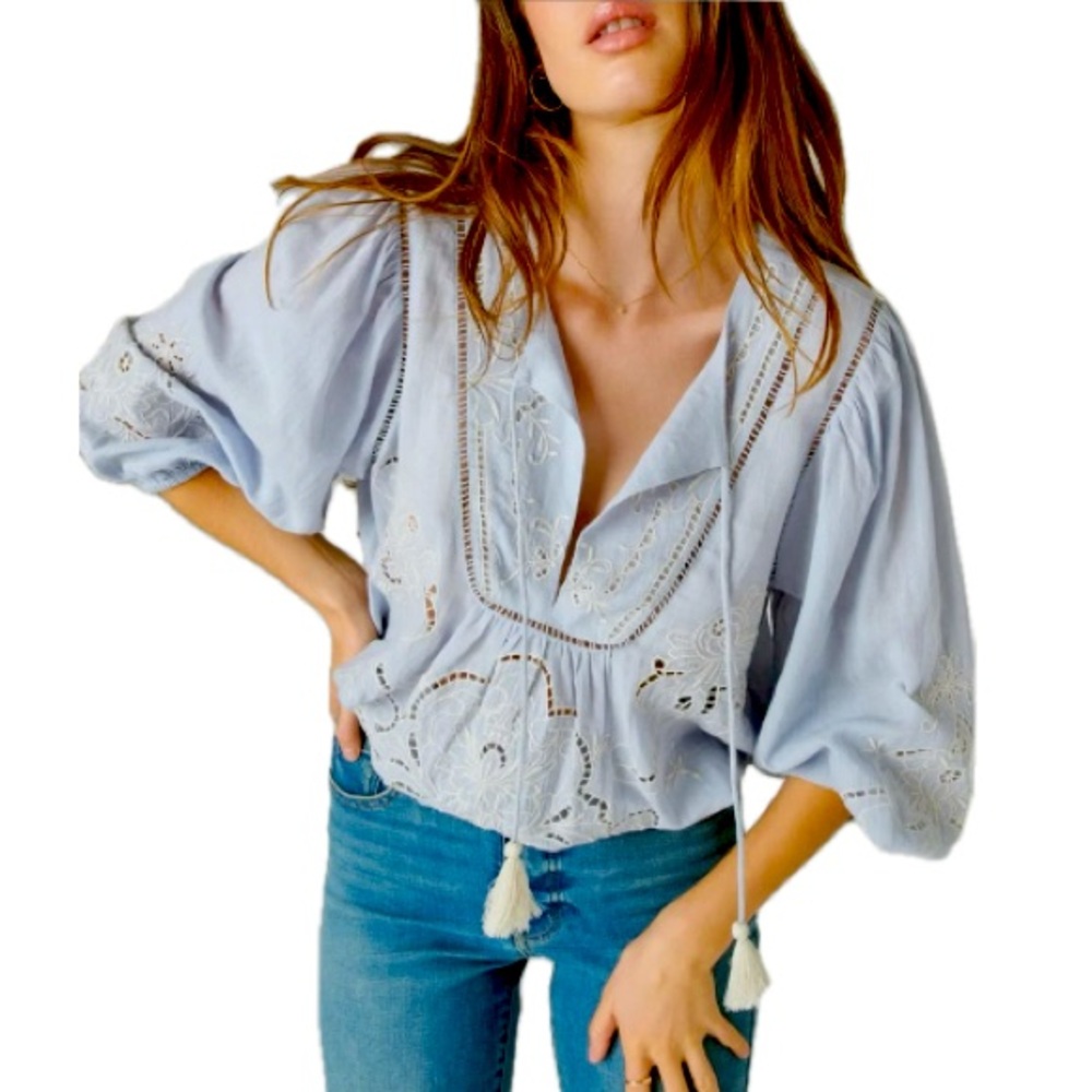 Lucky Brand Embroidered Peasant Top in Chambray Blue,
